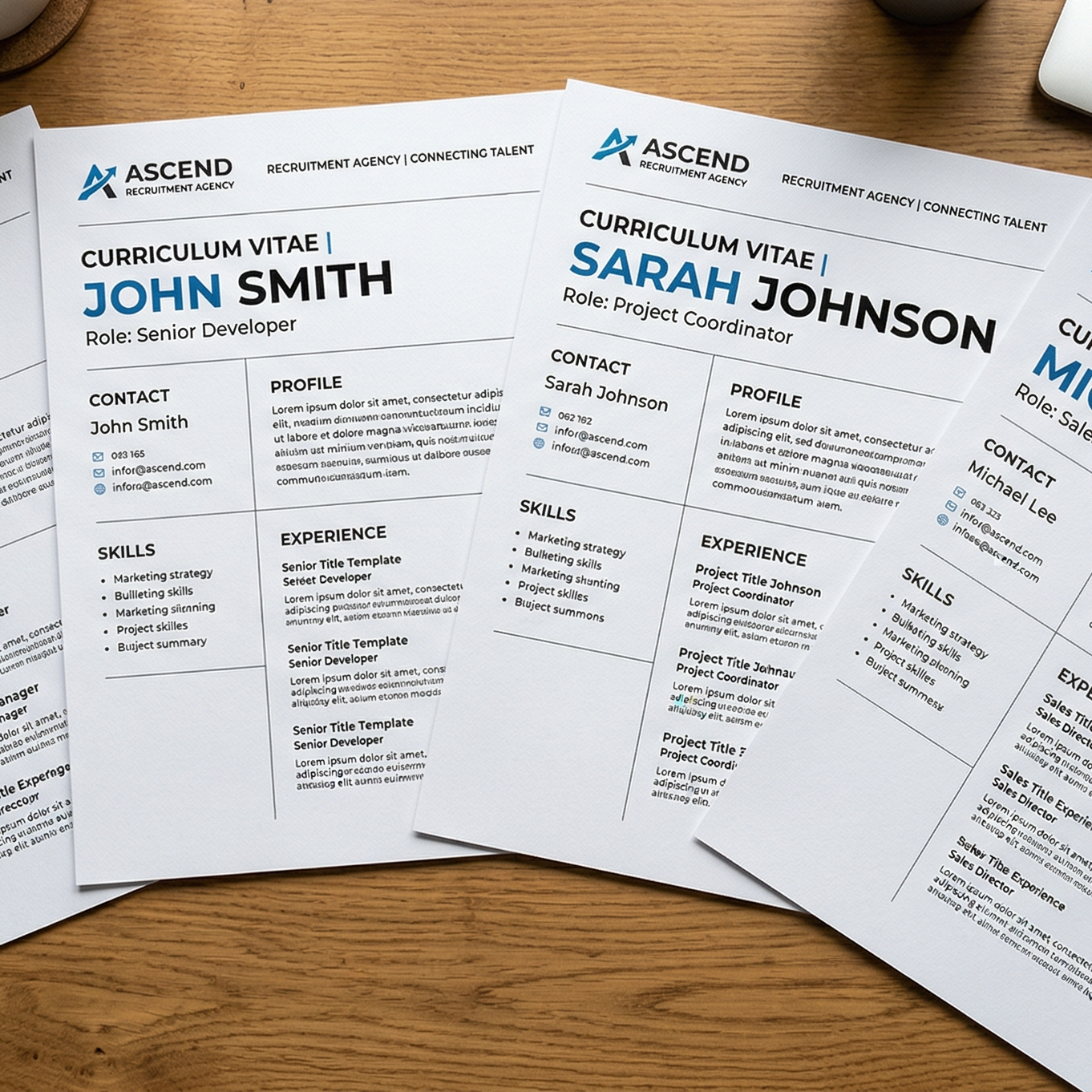 Multiple branded CVs on desk ready for client submission